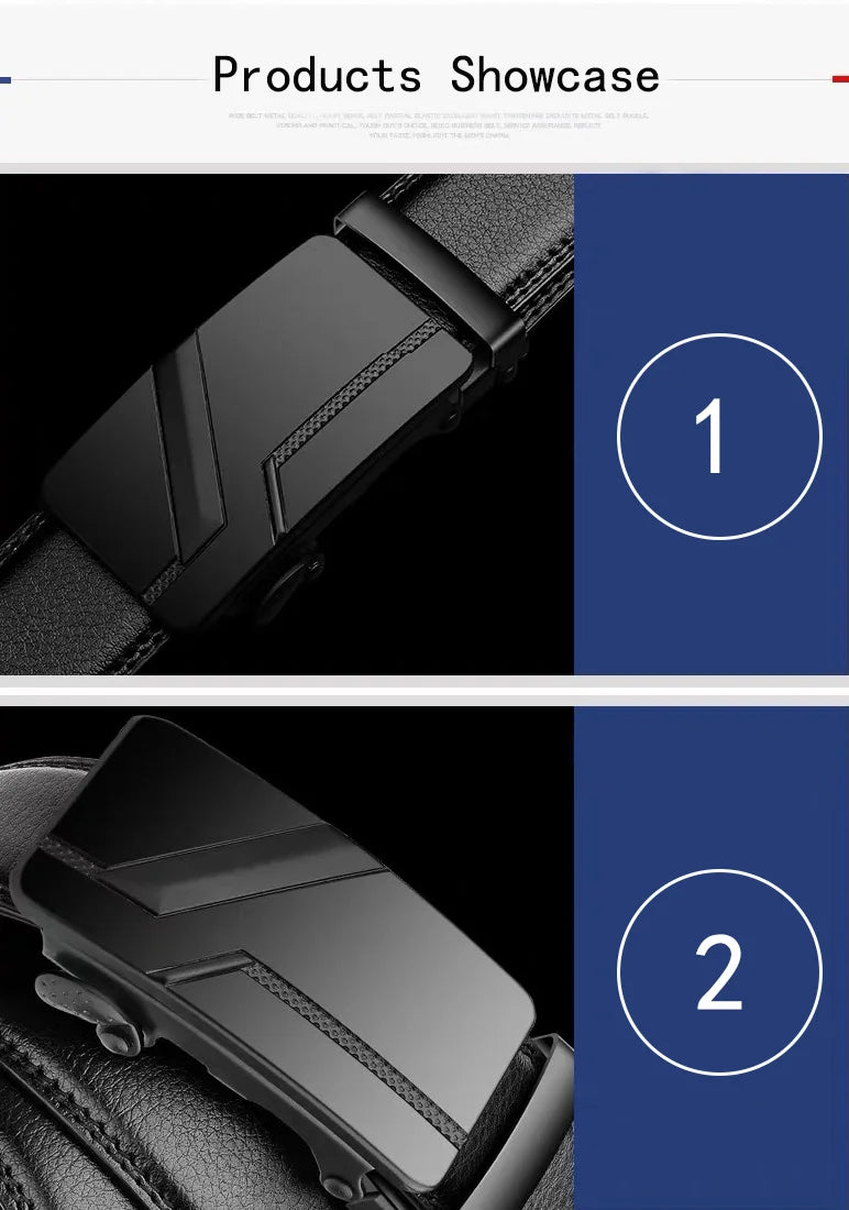 Men's Automatic Buckle Belt – Black Faux Leather Ratchet Belt, 110–130 cm