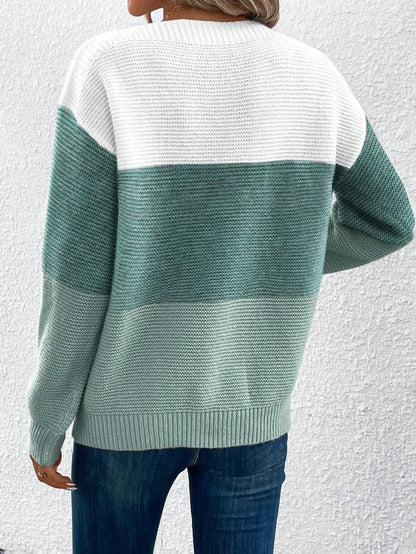 Eleganter dreifarbiger Patchwork-Pullover für Damen, lässiger, locker sitzender Strickpullover für den Alltag und Pendler, warme, verdickte Strickjacke für Herbst und Winter