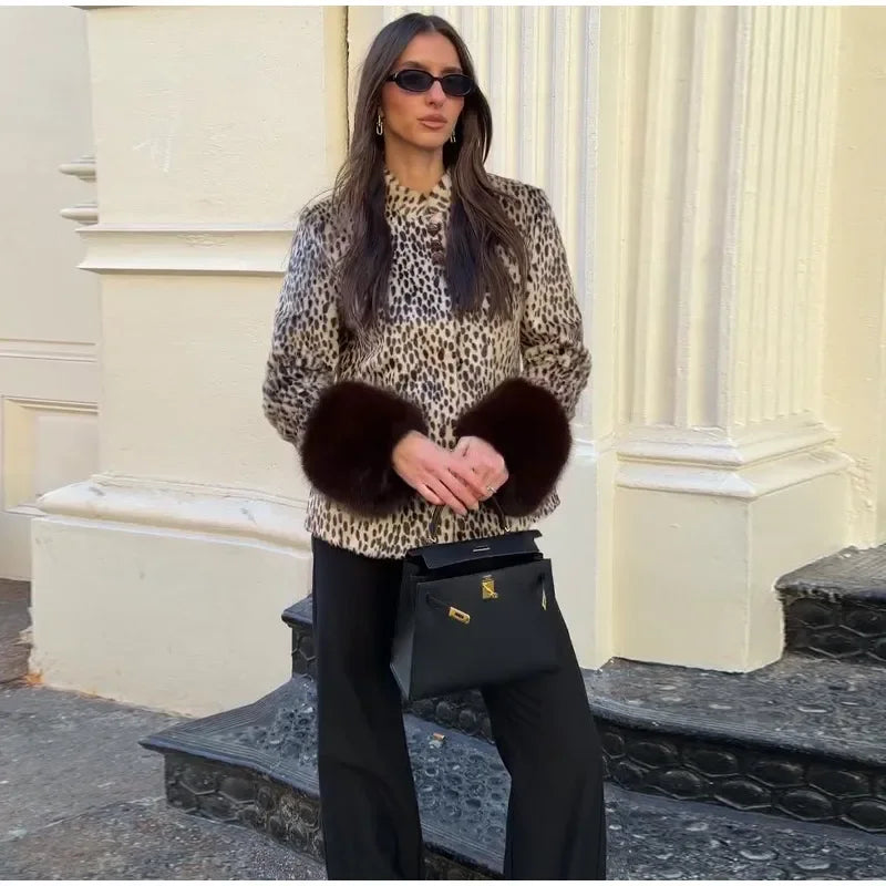 Street Leopard Print Fur Cuffs Jacket Women Stand Collar Full Sleeve Buttons Jackets 2026 Autumn Winter Fashion Lady Outwear
