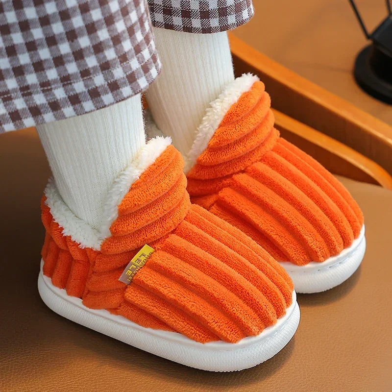 Kids' Striped Plush Slippers – Warm Non-Slip Heel-Wrap House Shoes