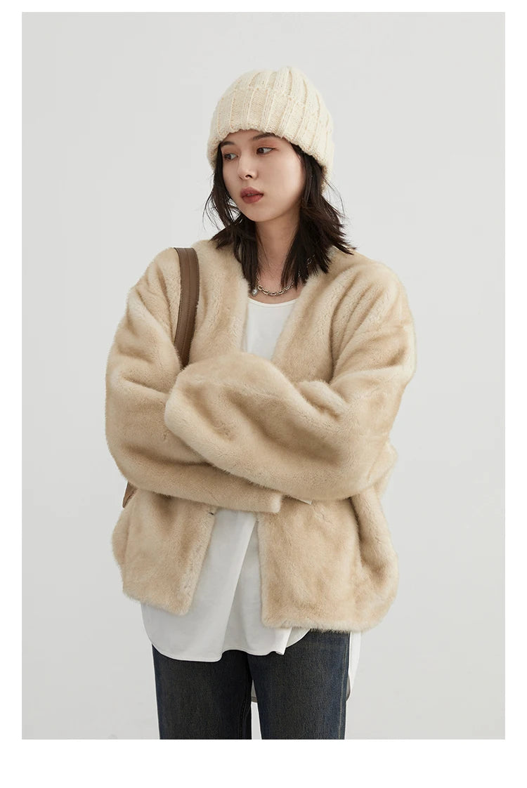 CHIC VEN Women's Jacket Loose Casual Solid Overcoat New Female Plush Coat V-neck Woman Outerwear Autumn Winter 2026