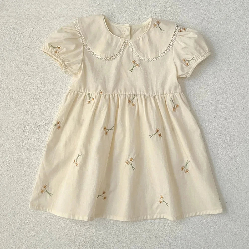 Girls' Beige Embroidered Doll Collar Dress - Bubble Sleeve Princess Dress, 6M-3Y
