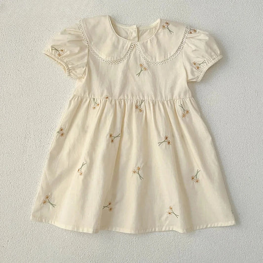 Girls' Beige Embroidered Doll Collar Dress - Bubble Sleeve Princess Dress, 6M-3Y