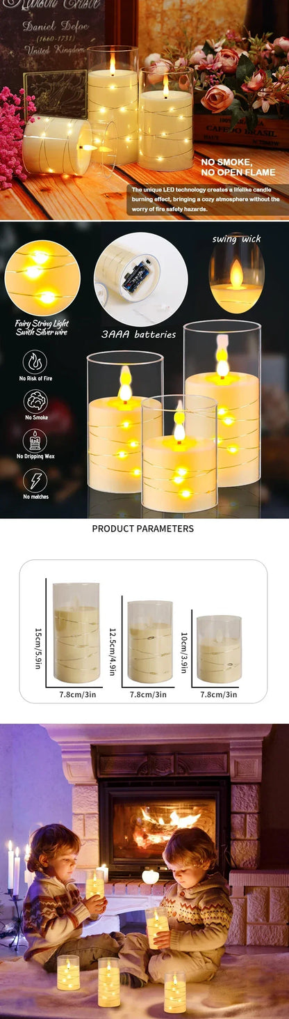 Flammenlose LED-Kerzen mit integrierten Sternen-Lichterketten | 3D-Flamme | Acryl | 3 Größen | Romantische Heimdekoration