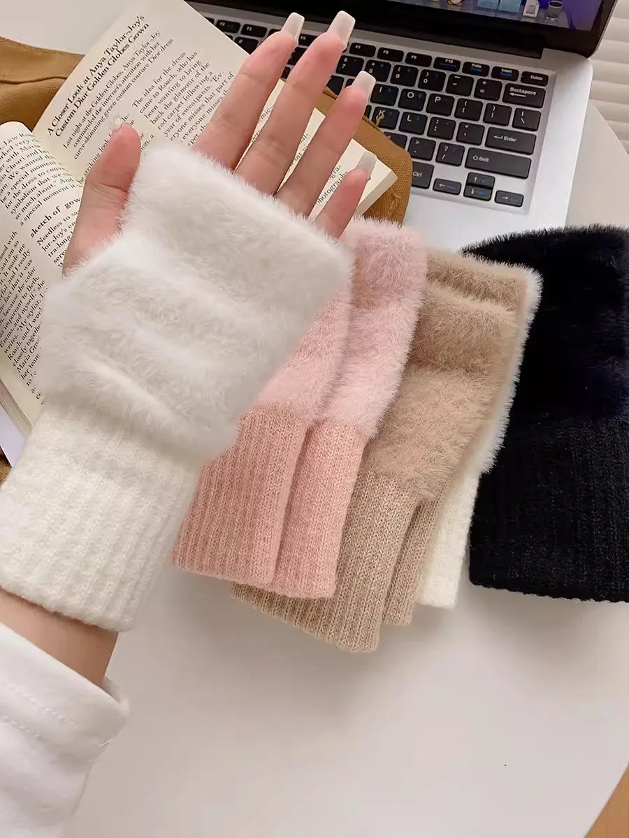 Women's Plush Knit Fingerless Gloves – Soft Wrist Warmers
