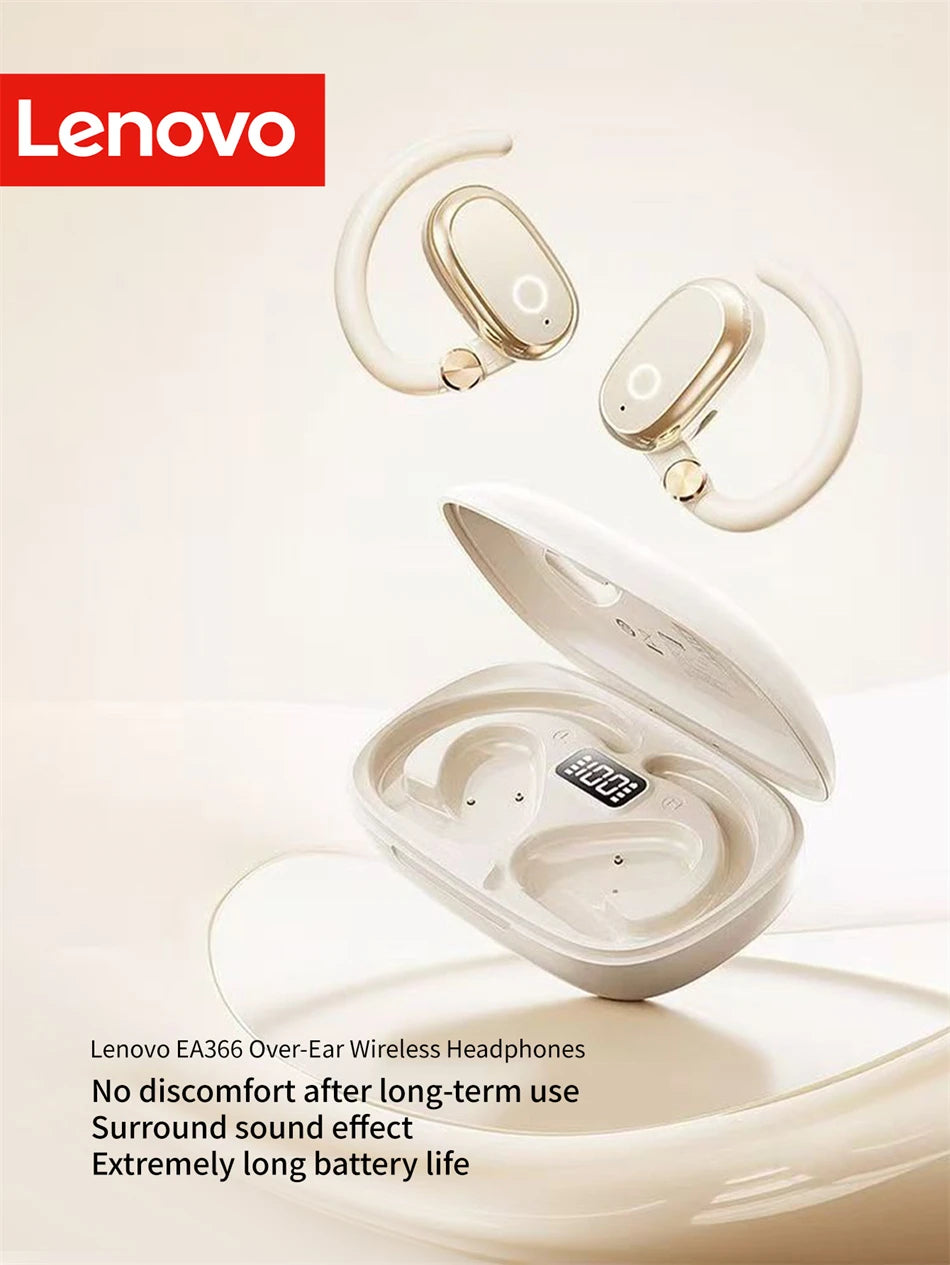 Lenovo EA366 Open-Ear Wireless Earbuds – Ear-Hook Bluetooth Headphones with Charging Case