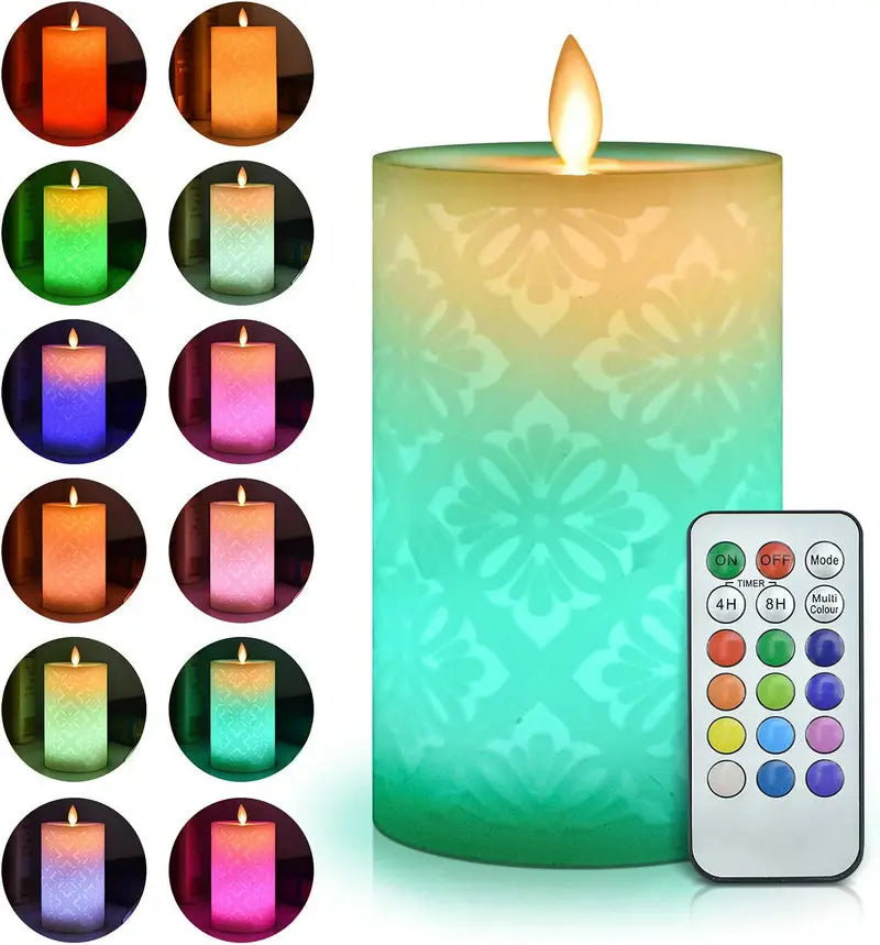 Flameless Candles with Remote Color Changing LED Candle Light Carved 3D Moroccan Designs Paraffin Candles Flickering Moving Wick