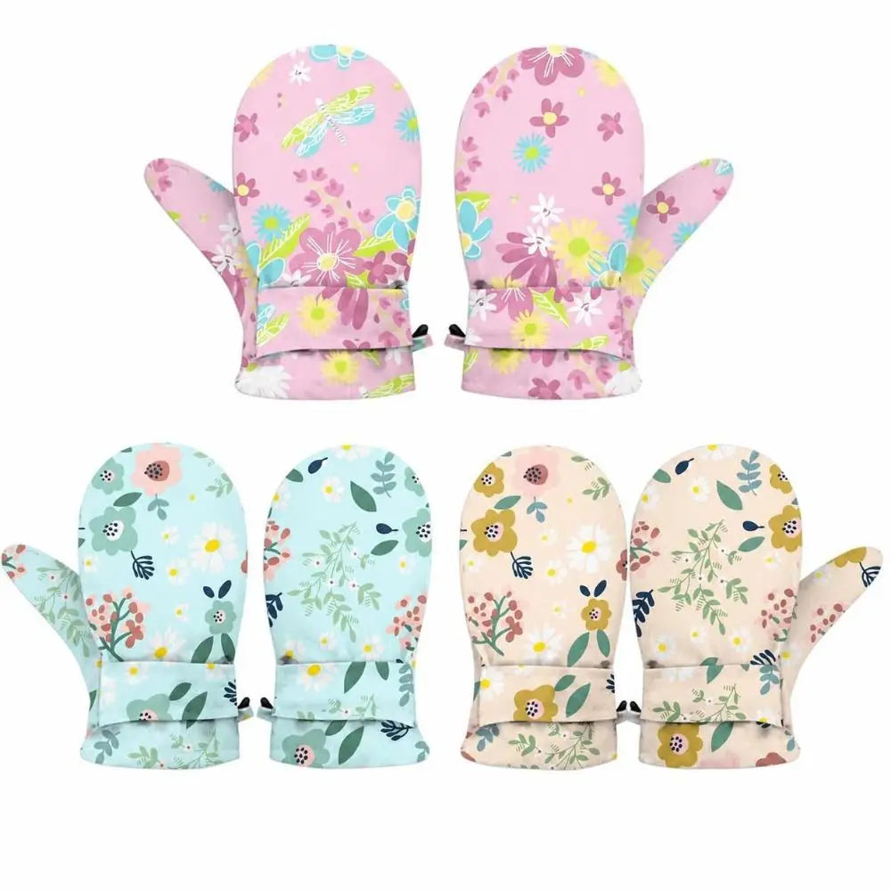Kids' Floral Fleece-Lined Snow Mittens with Anti-Lost Clip