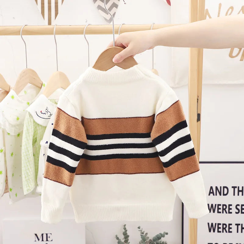 Boys' Striped High Collar Knit Sweater - Full Sleeve Winter Knitwear, Ages 2-6
