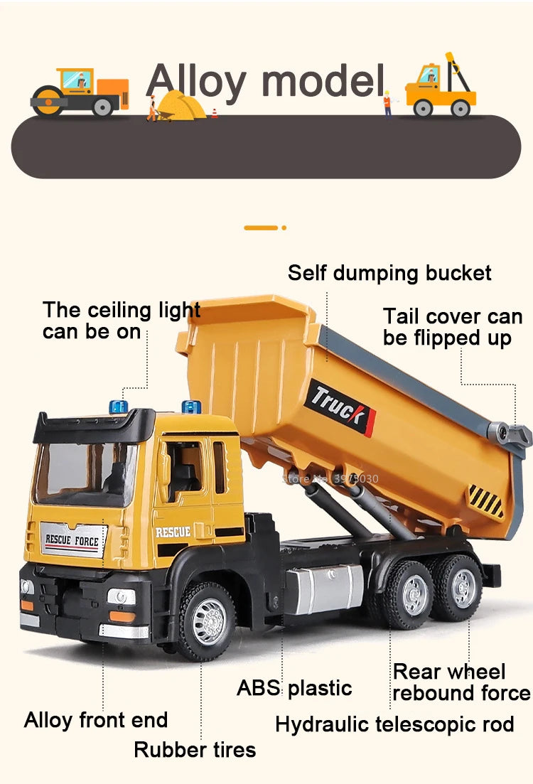 1:50 Die-Cast Dump Truck – Pull-Back Toy with Lights & Sounds