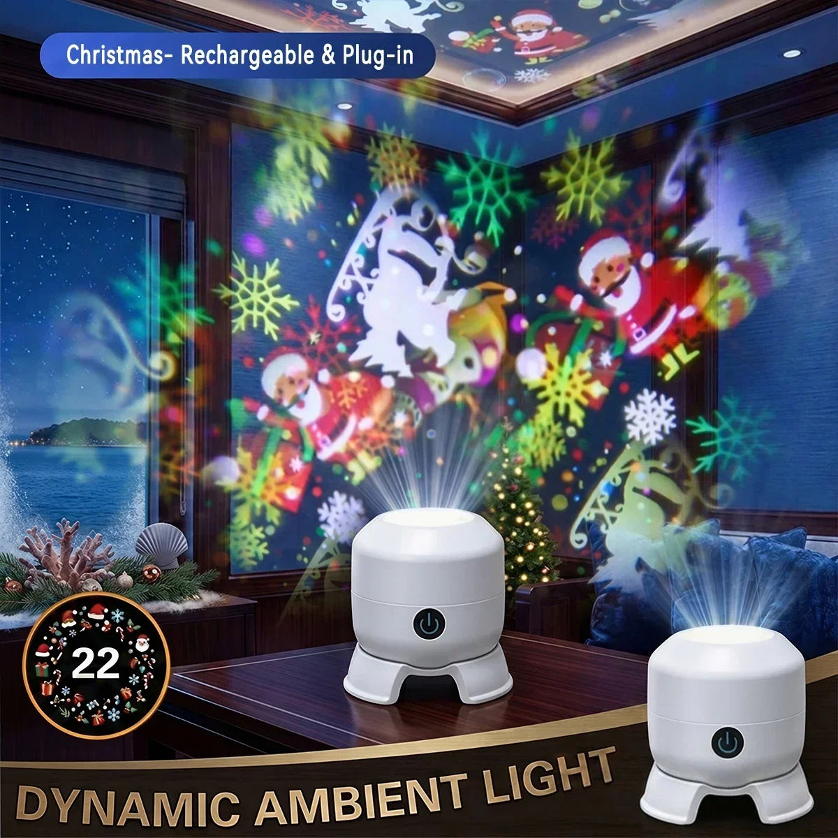 Rechargeable Christmas Projector Night Light – 22 Rotating Patterns