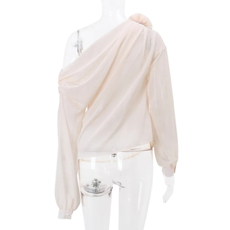 Women's Chiffon Blouse – Tie Flower Slash Neck Loose Top for Spring & Summer