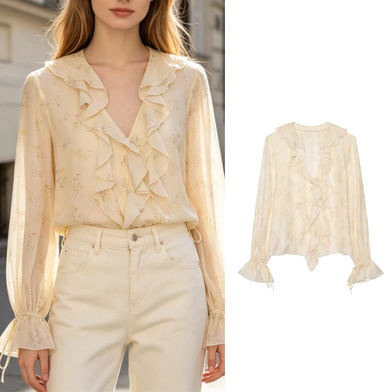 Guobioziy Elegant Women Floral Print Chiffon Blouse Ruffle Trim V‑Neck Flare Sleeve Top For Dating Office Daily Outfi