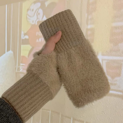 Guantes tejidos de felpa sin dedos para mujer – Calentadores de muñeca suaves