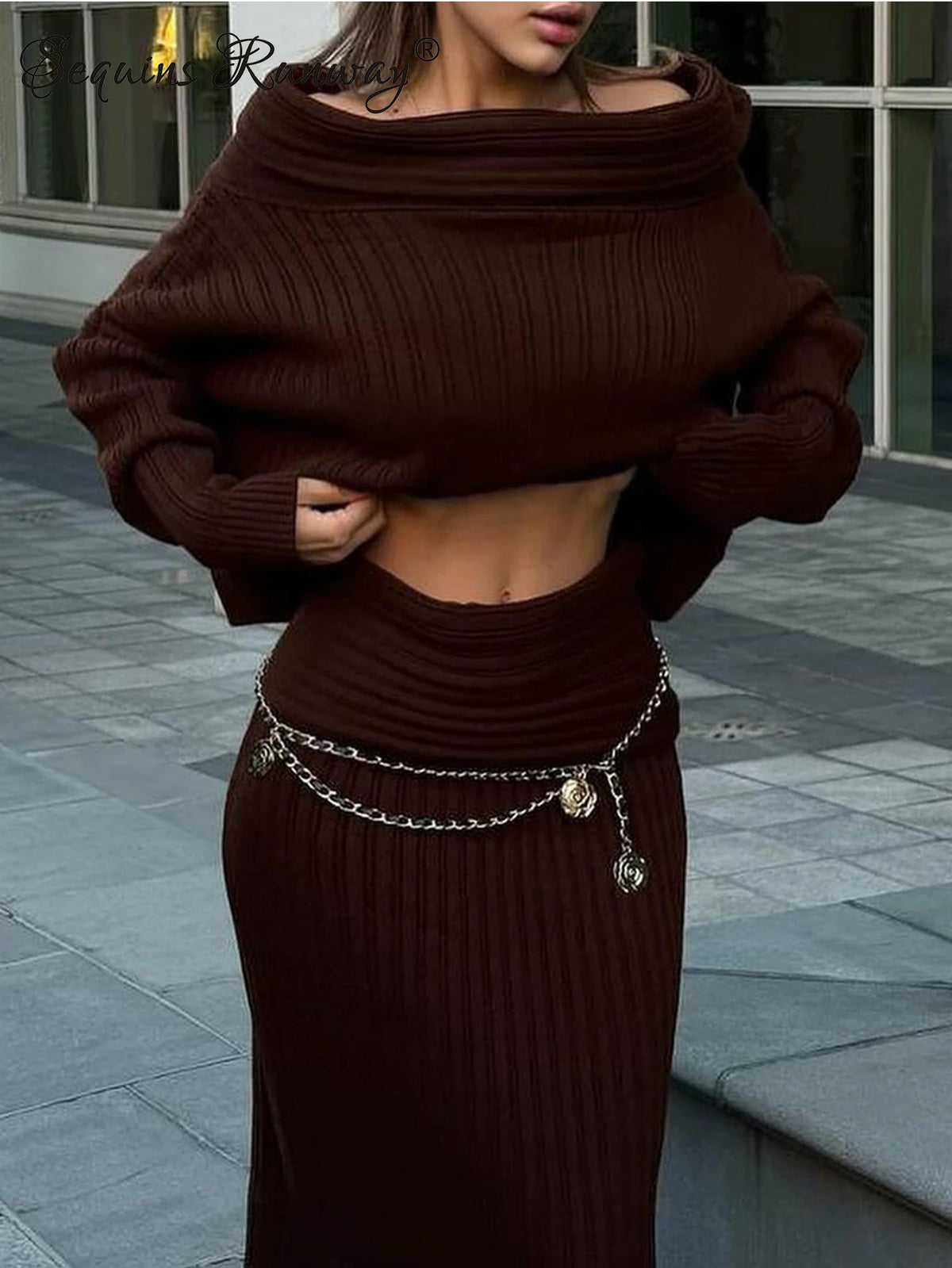 Women's Off-Shoulder Long-Sleeve Knit Dress