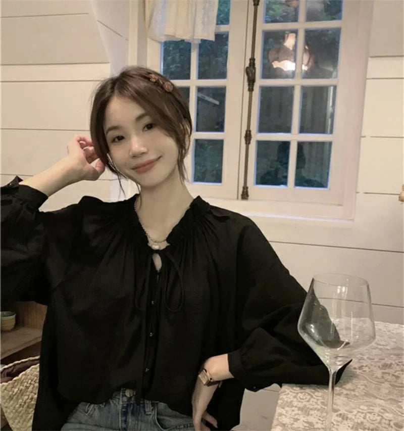 French Solid Color Leisure Women Sweet Solid Color V-neck Ruffled Edge Pullover Shirt Female Loose Fitting Lantern Sleeve Blouse