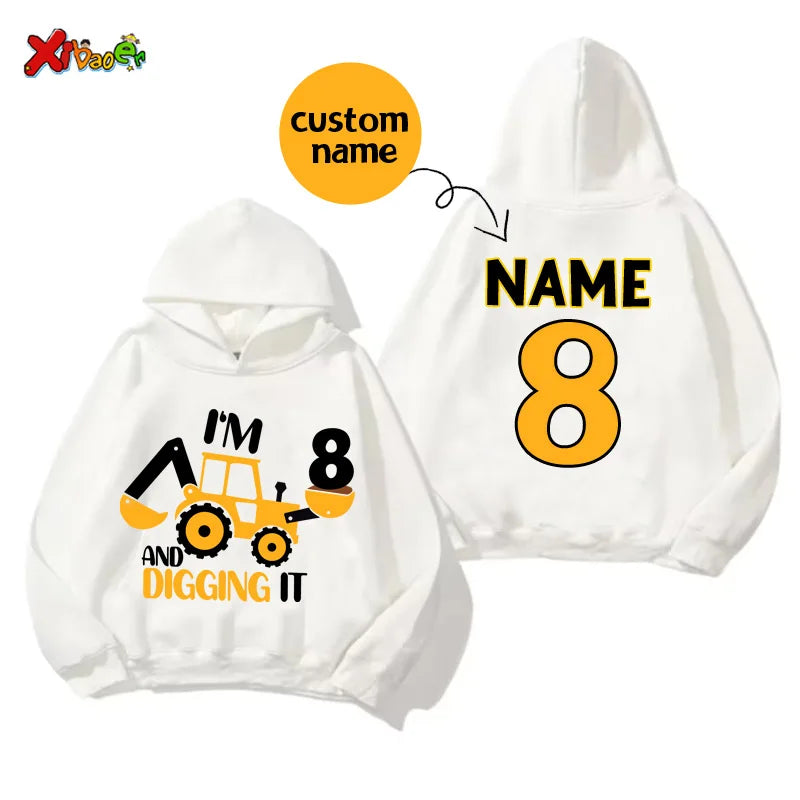 Kids' Custom Name Excavator Hoodie - Personalised Construction Birthday Sweatshirt