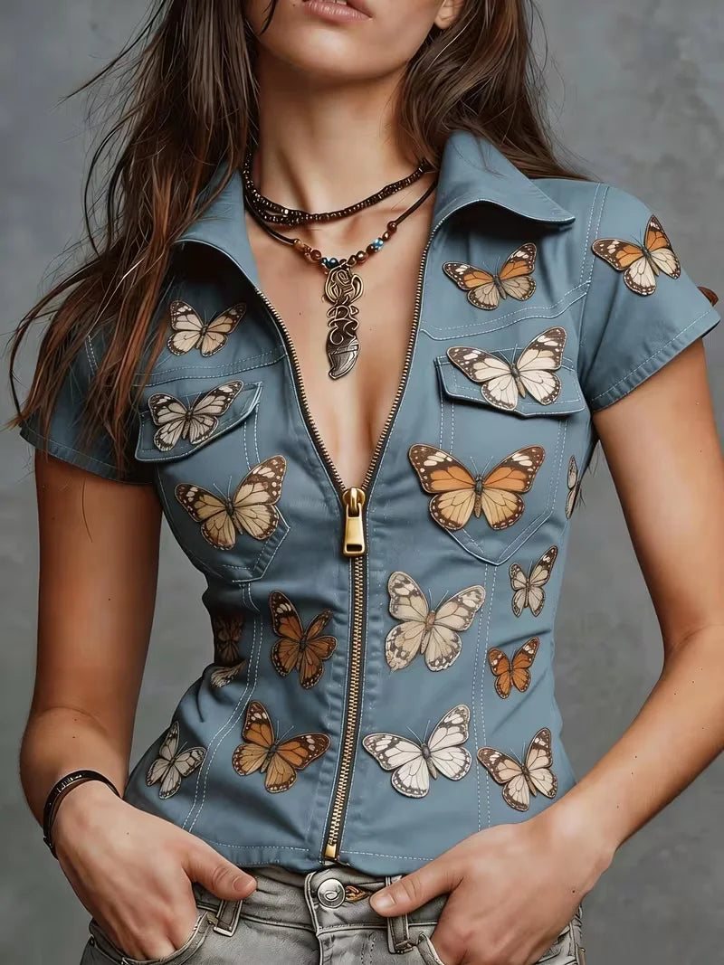 Women's Fashion Sexy Imitation Denim Butterfly Printed Short Sleeve Shirt with Real Pockets, Printed Design, No Texture
