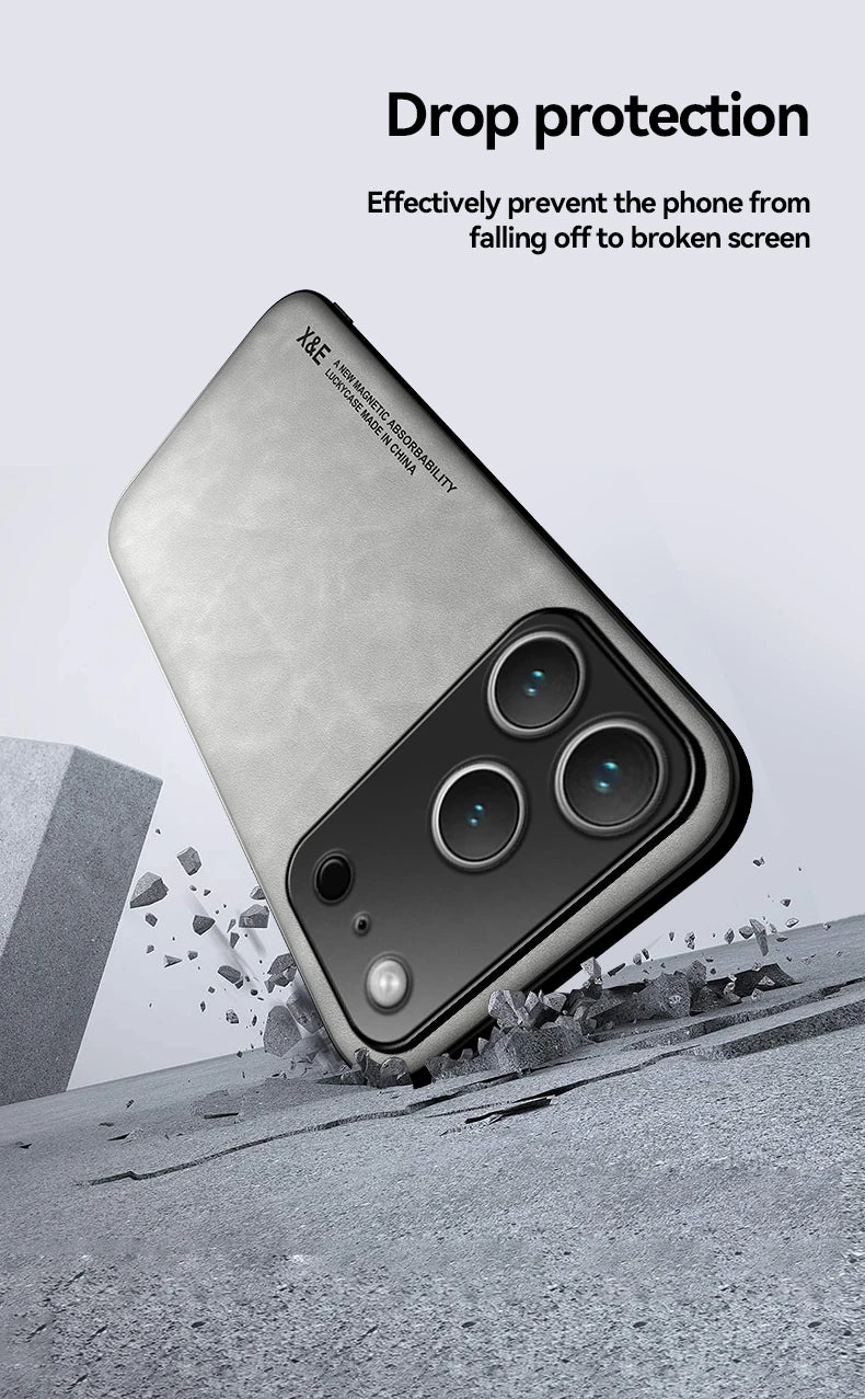 Luxury Leather Case For iPhone 17 18 16 15 14 13 12 11 Pro Max Plus 13 12 Mini Air 16E Cover With Metal Plate Support Car Hold