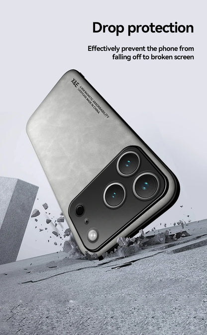 Funda de cuero de lujo para iPhone 17 18 16 15 14 13 12 11 Pro Max Plus 13 12 Mini Air 16E con placa metálica para soporte en coche