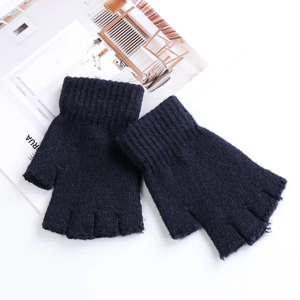 Thick Knit Fingerless Gloves – Unisex Black Half-Finger Gloves