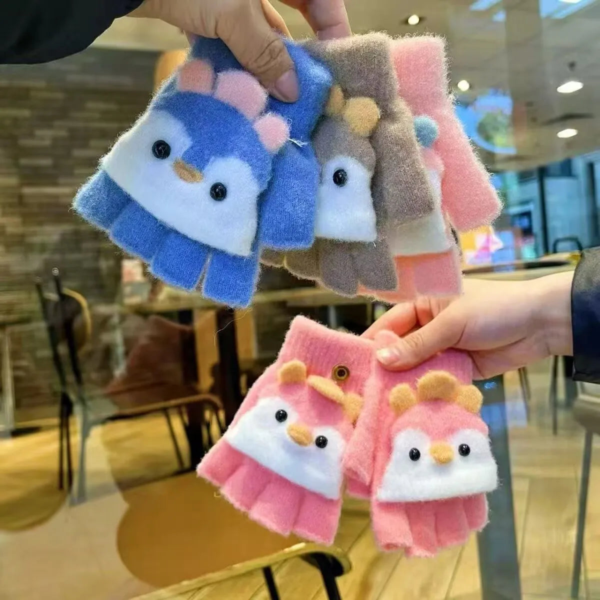 Kids' Penguin Flip-Top Mittens – Half-Finger Winter Gloves (Ages 2–6)