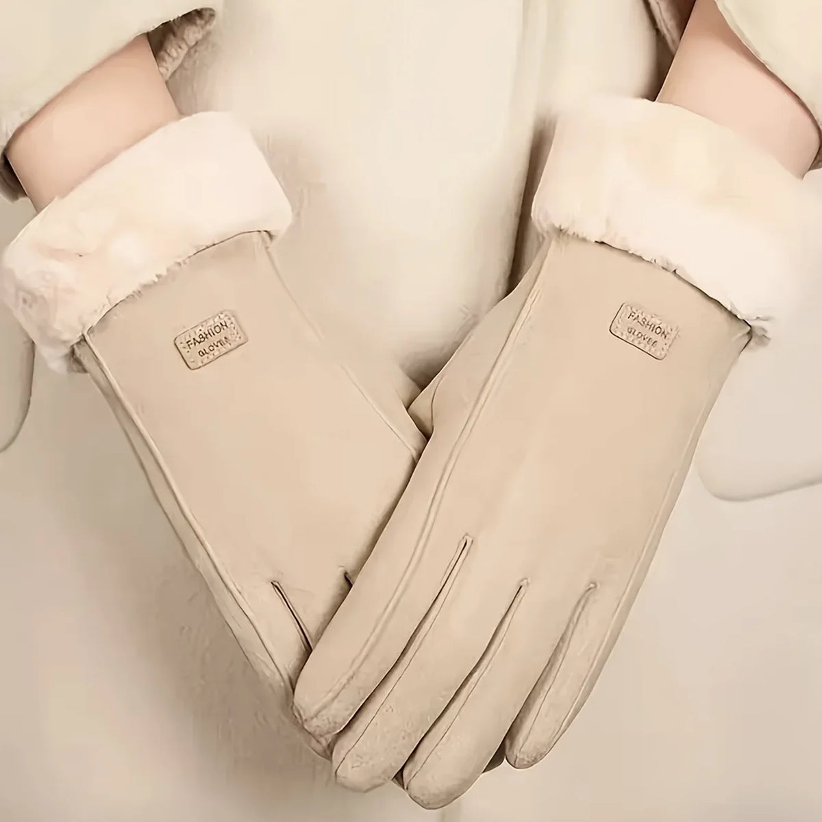 Unisex Beige Plush-Lined Touchscreen Gloves