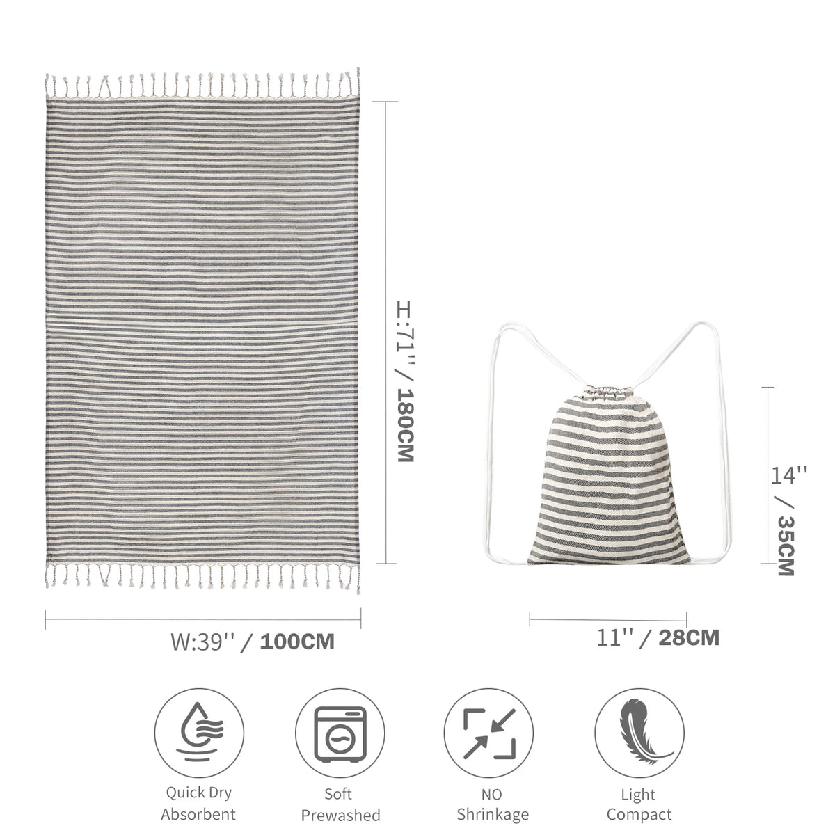 Turkish-Style Striped Tassel Towel – Large 100 × 180 cm