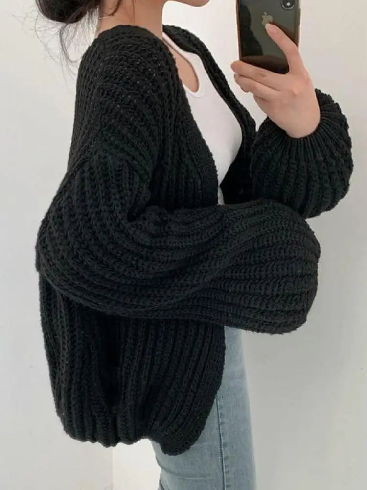 Women's Lantern-Sleeve Knit Cardigan – Relaxed Open-Front Sweater