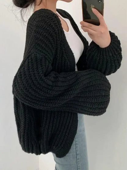 Women's Lantern-Sleeve Knit Cardigan – Relaxed Open-Front Sweater