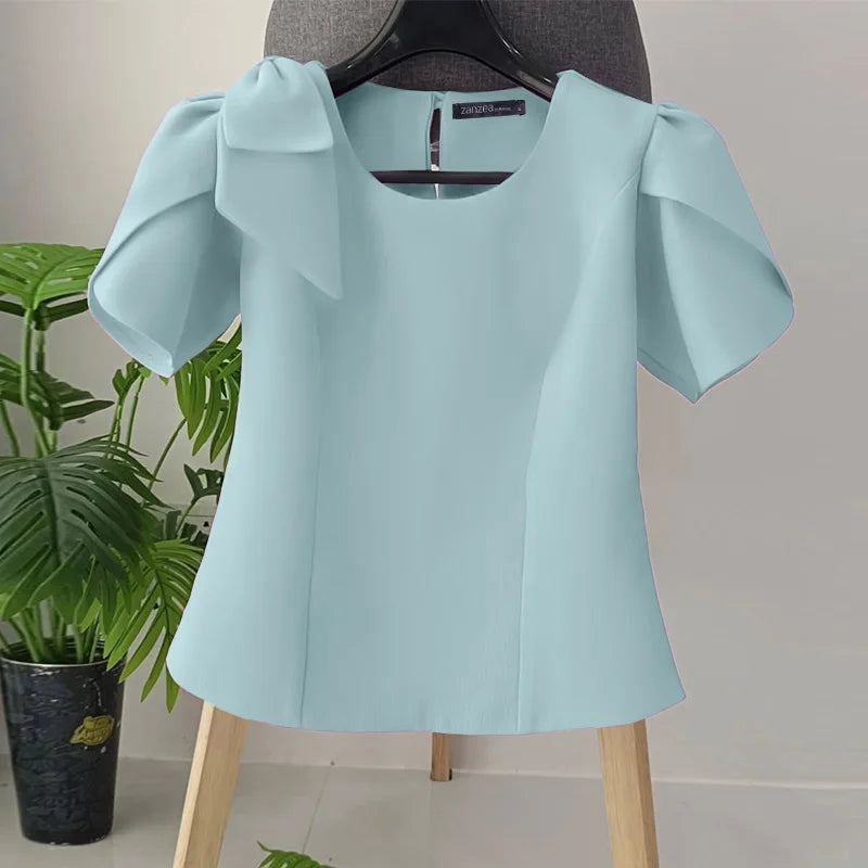 Women Blouse ZANZEA Elegant Office Lady Summer Short Puff Sleeve Bow Fashion Shirts 2025 Casual Solid Color Tops Tunic Blusas