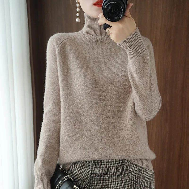 Fashion Basic Autumn Winter Merino Wool Sweater Mock Neck Cashmere Pullover Solid Color Soft Long Sleeve Basic Clothing Tops