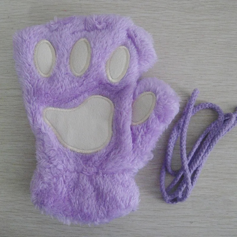 Women's Plush Cat Paw Fingerless Gloves