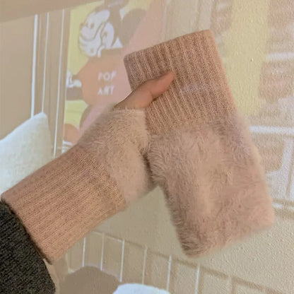Guantes tejidos de felpa sin dedos para mujer – Calentadores de muñeca suaves