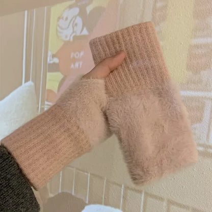 Guantes tejidos de felpa sin dedos para mujer – Calentadores de muñeca suaves