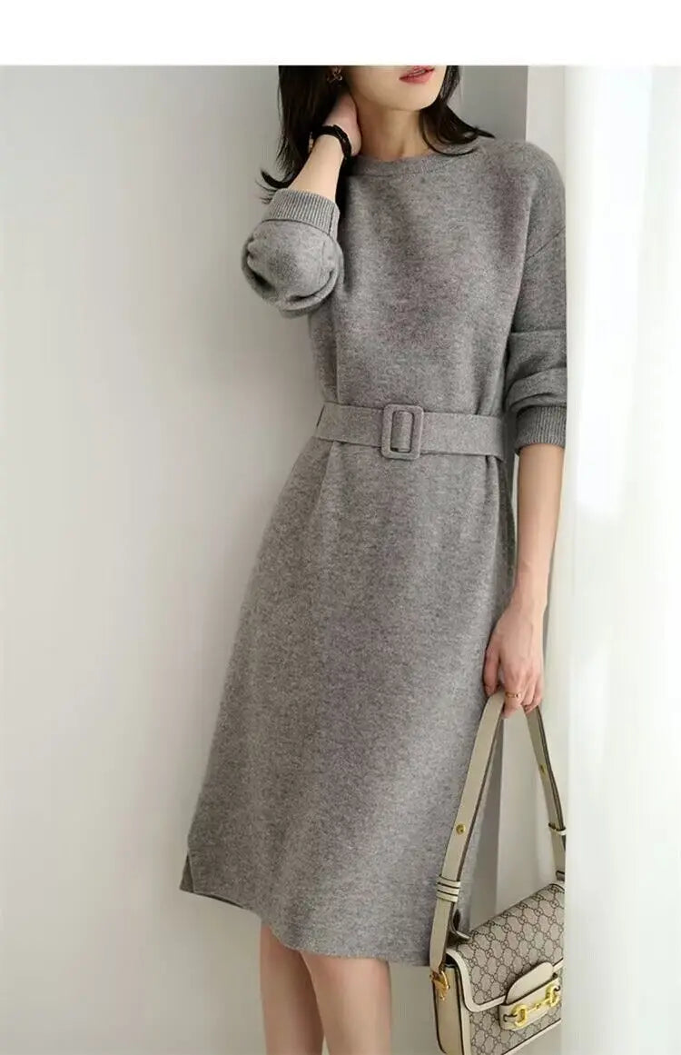 Women's Knit A-Line Midi Dress with Sash
