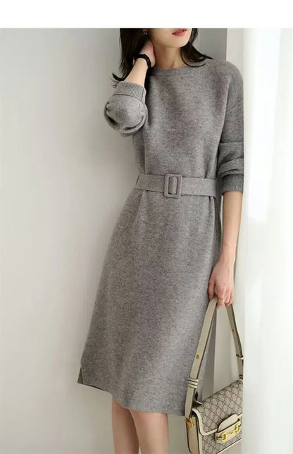 Vestido midi de punto en línea A con cinturón para mujer