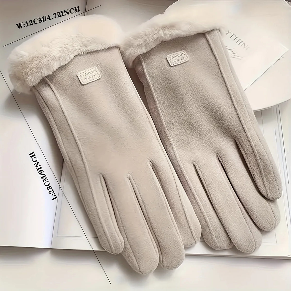 Unisex Beige Plush-Lined Touchscreen Gloves