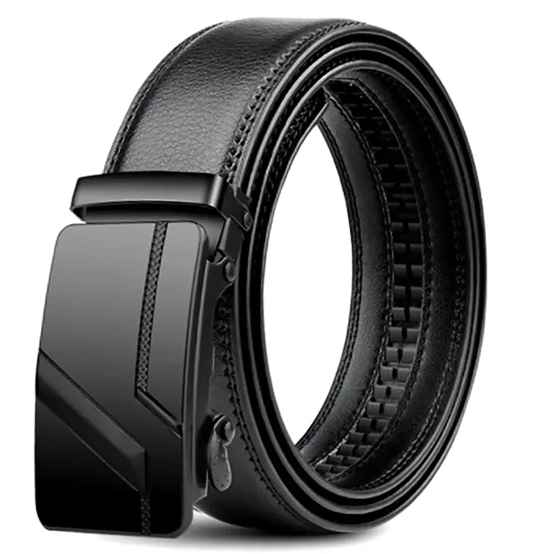 Men's Automatic Buckle Belt – Black Faux Leather Ratchet Belt, 110–130 cm