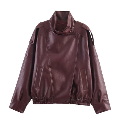 Chaqueta de cuero sintético con cremallera para mujer Guobioziy