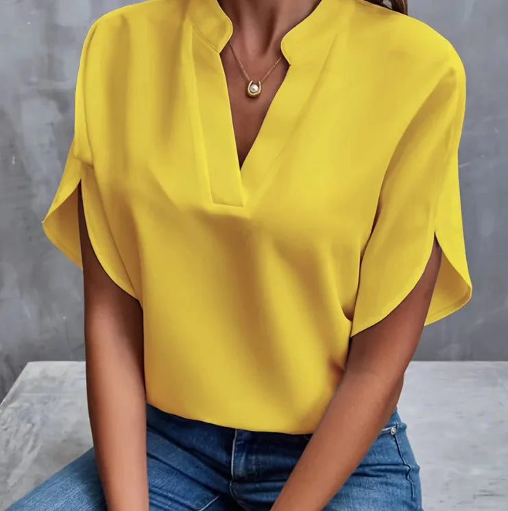 Women's Elegant V-Neck Chiffon Blouse – Casual Short Sleeve Loose Summer Top