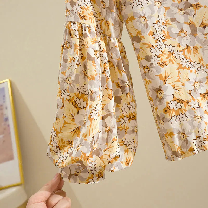 Floral Print Vintage Chiffon Stand Collar Lantern Sleeve Pullover Women's Blouse Shirt Casual Female Clothing Tops Fashion 2024