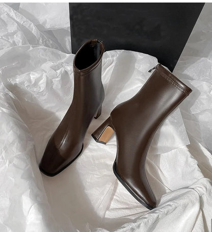 Botines de mujer con punta cuadrada, cremallera y tacón de bloque