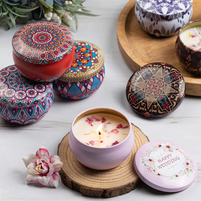 Duftkerzen aus Sojawachs mit Trockenblumen in Retro-Dose | 8 Düfte | Aromatherapie für Zuhause, Büro & Geschenk