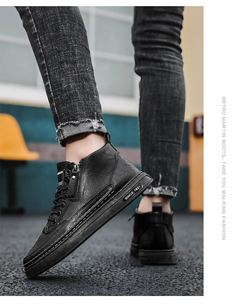 Men's boots autumn and winter new warm plush outdoor casual boots work boots fashion versatile soft soled comfort leather boots