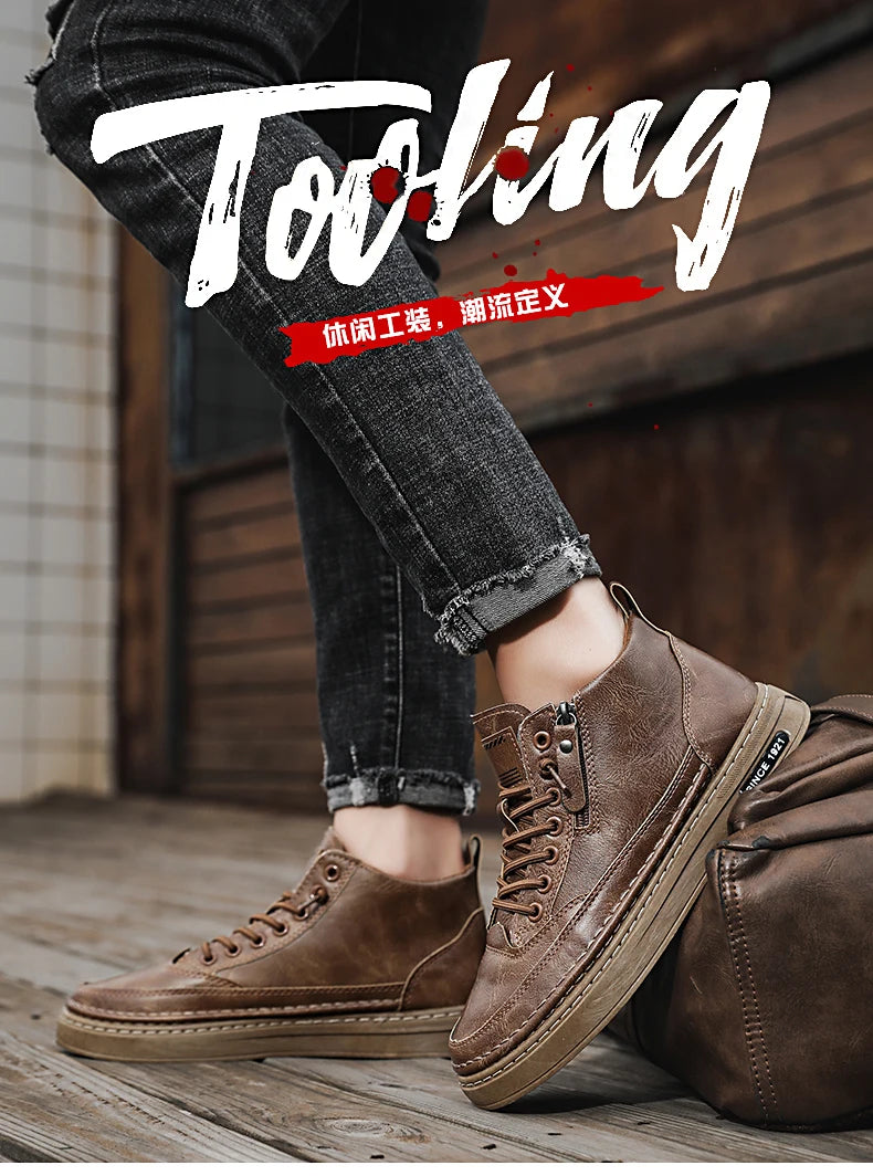 Men's boots autumn and winter new warm plush outdoor casual boots work boots fashion versatile soft soled comfort leather boots