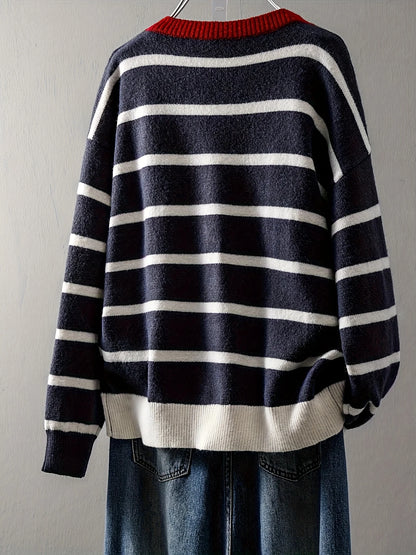Gestreifter Strick-Cardigan für Damen mit Knopfleiste