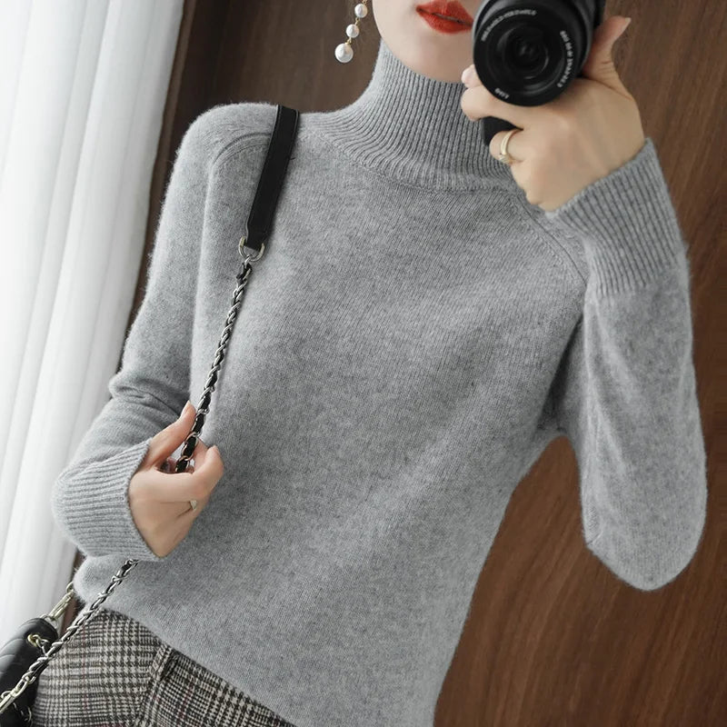 Fashion Basic Autumn Winter Merino Wool Sweater Mock Neck Cashmere Pullover Solid Color Soft Long Sleeve Basic Clothing Tops