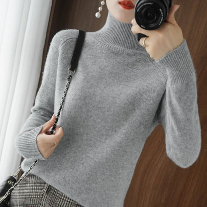 Modischer Basic-Herbst-Winter-Merinowollpullover mit Stehkragen, Kaschmir, einfarbig, weich, langärmlig, Basic-Oberteil