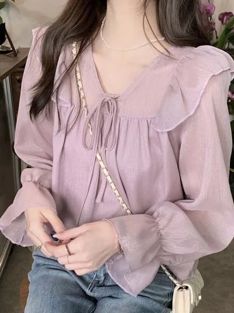 V-Neck Lace-Trim Chiffon Blouse